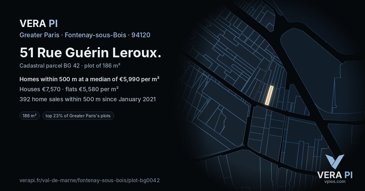 51 Rue Guérin Leroux, Fontenay-sous-Bois at night – the plot lit, the parcels around coloured by the prices near them