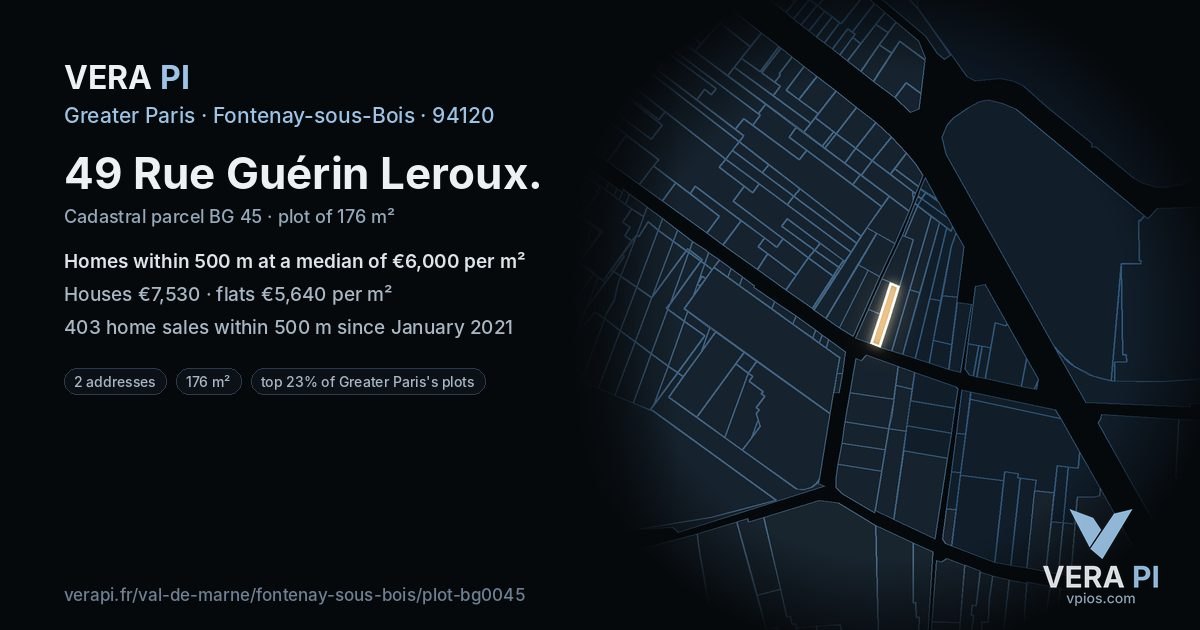 49 Rue Guérin Leroux, Fontenay-sous-Bois at night – the plot lit, the parcels around coloured by the prices near them