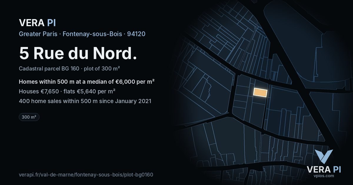 5 Rue du Nord, Fontenay-sous-Bois at night – the plot lit, the parcels around coloured by the prices near them