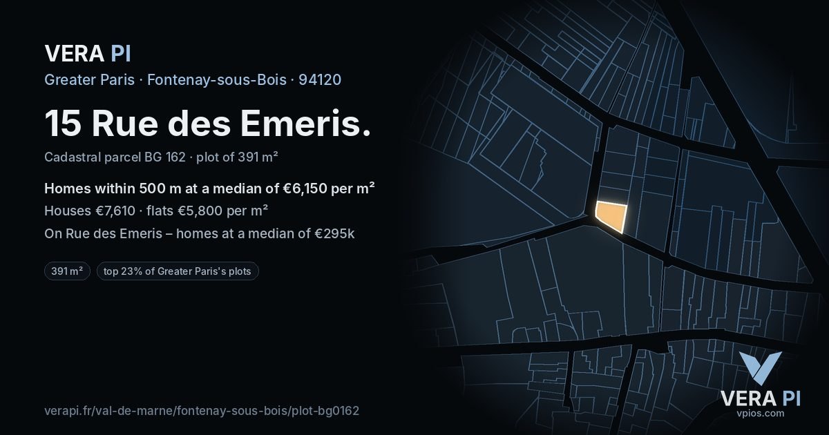15 Rue des Emeris, Fontenay-sous-Bois at night – the plot lit, the parcels around coloured by the prices near them