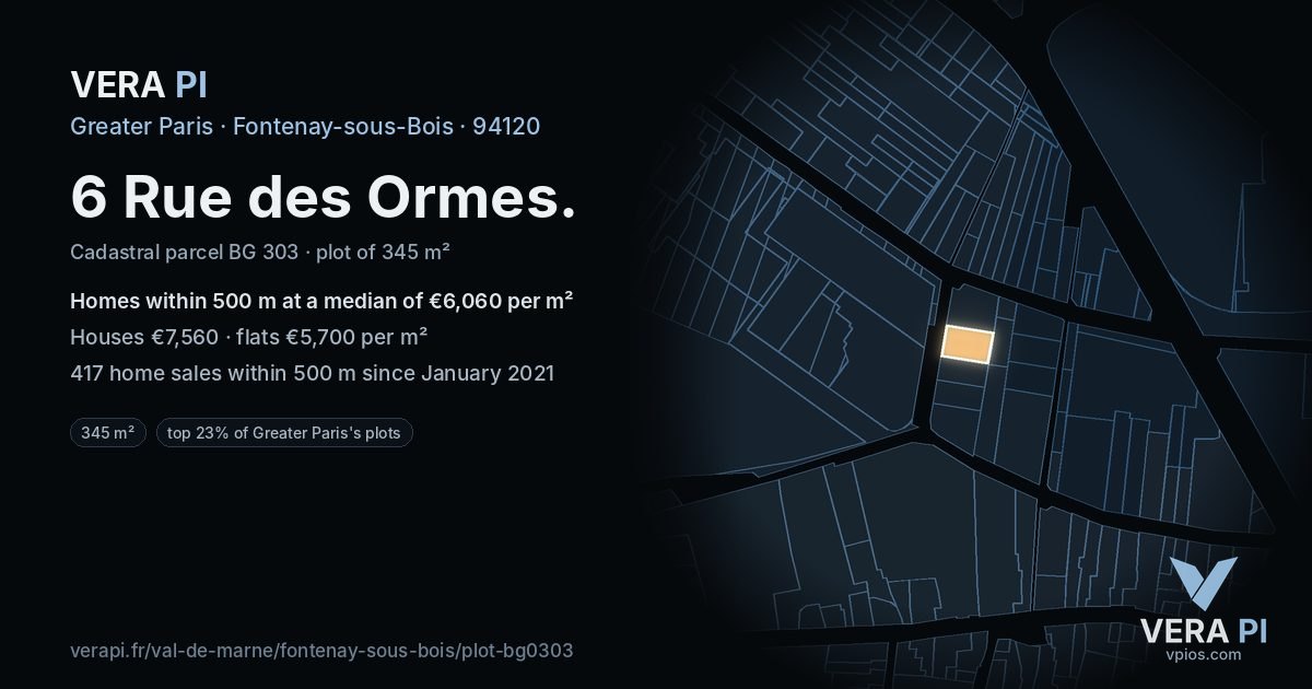 6 Rue des Ormes, Fontenay-sous-Bois at night – the plot lit, the parcels around coloured by the prices near them