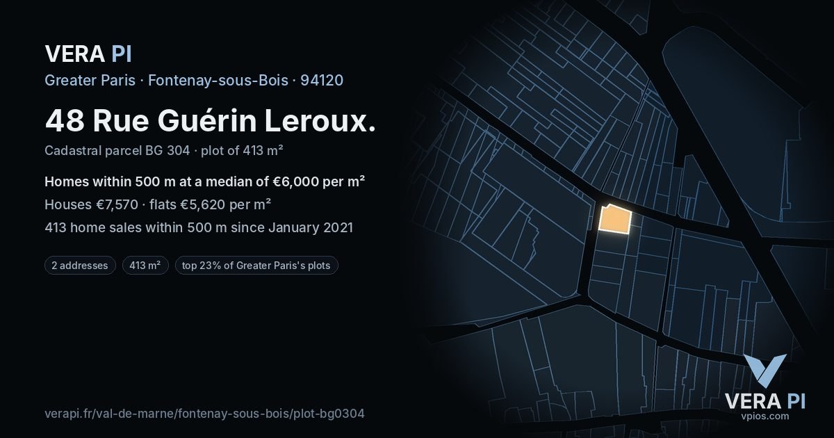 48 Rue Guérin Leroux, Fontenay-sous-Bois at night – the plot lit, the parcels around coloured by the prices near them