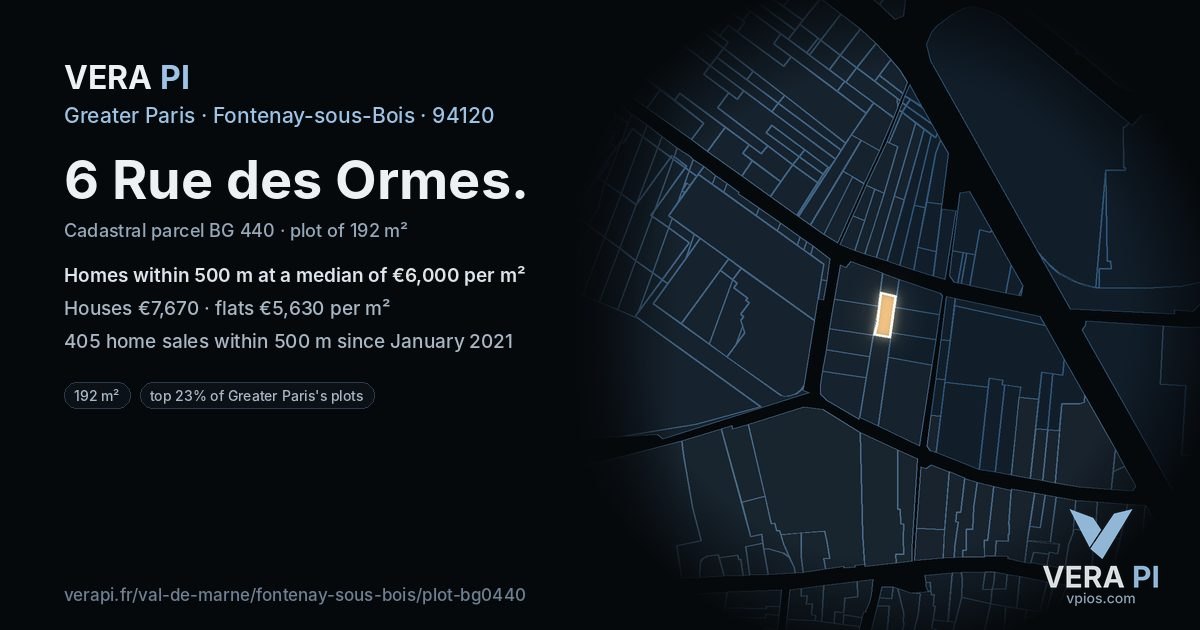 6 Rue des Ormes, Fontenay-sous-Bois at night – the plot lit, the parcels around coloured by the prices near them