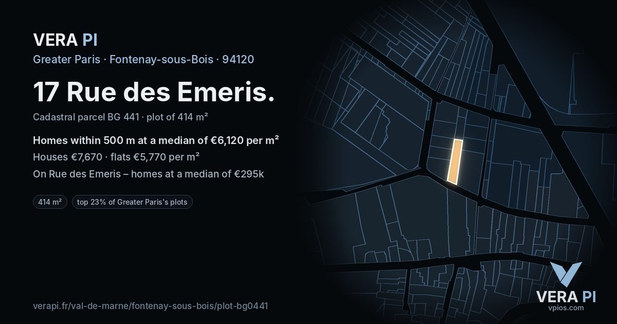 17 Rue des Emeris, Fontenay-sous-Bois at night – the plot lit, the parcels around coloured by the prices near them