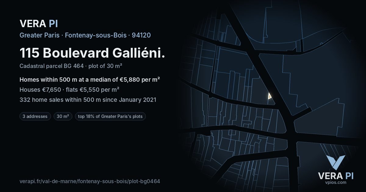 115 Boulevard Galliéni, Fontenay-sous-Bois at night – the plot lit, the parcels around coloured by the prices near them