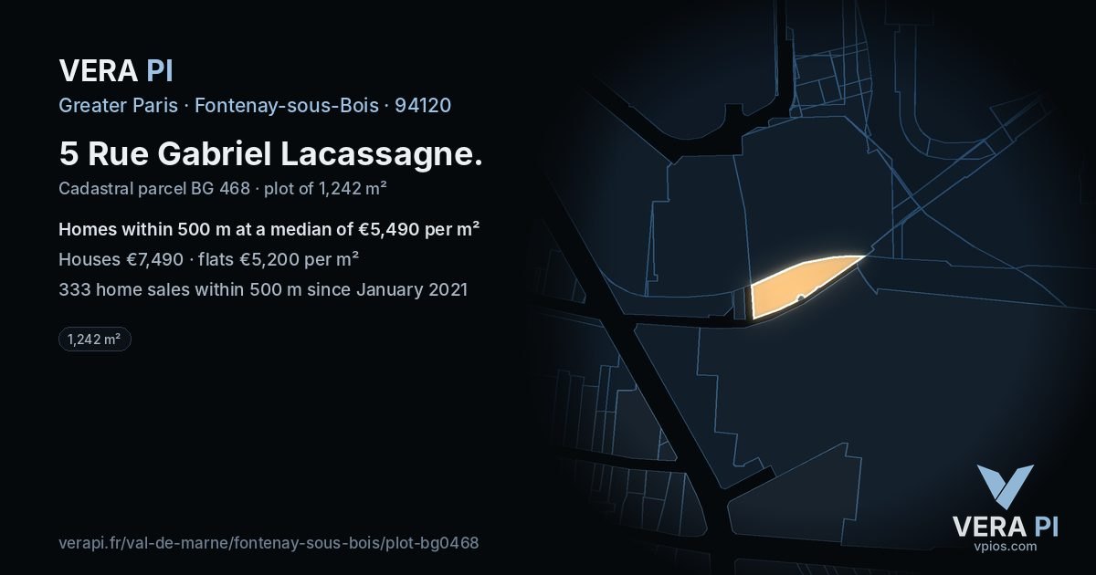 5 Rue Gabriel Lacassagne, Fontenay-sous-Bois at night – the plot lit, the parcels around coloured by the prices near them
