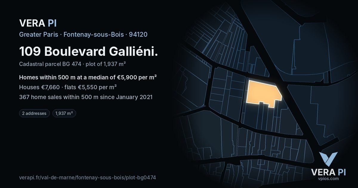 109 Boulevard Galliéni, Fontenay-sous-Bois at night – the plot lit, the parcels around coloured by the prices near them