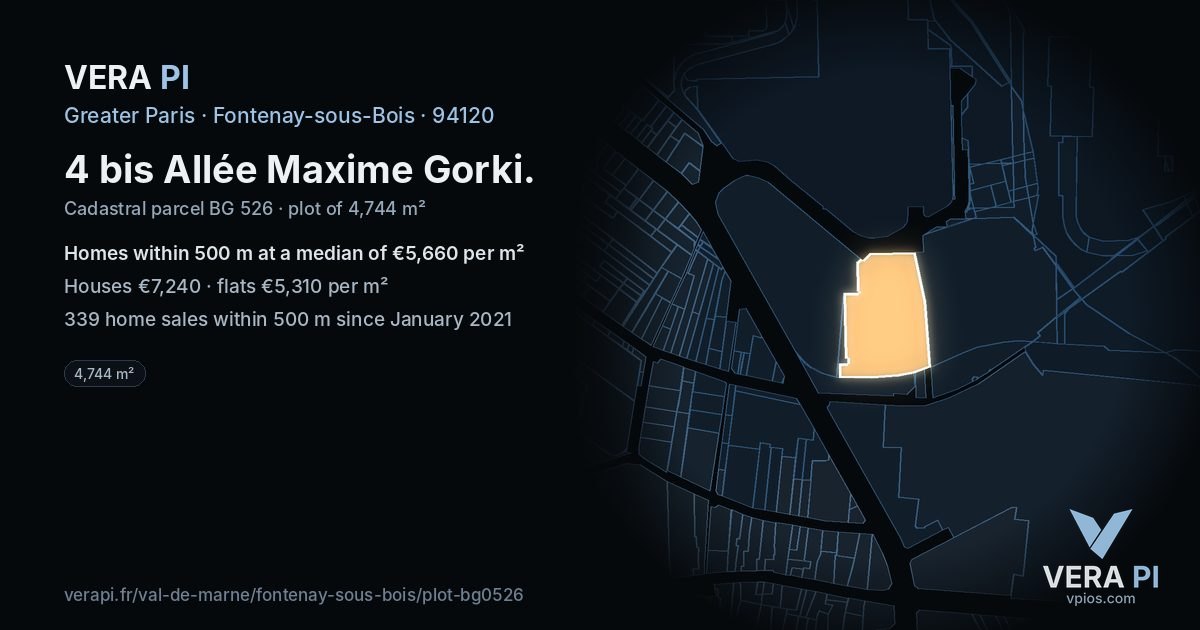 4 bis Allée Maxime Gorki, Fontenay-sous-Bois at night – the plot lit, the parcels around coloured by the prices near them