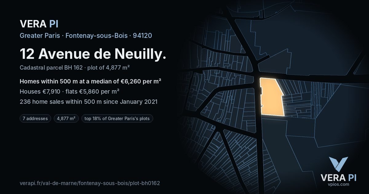 12 Avenue de Neuilly, Fontenay-sous-Bois at night – the plot lit, the parcels around coloured by the prices near them