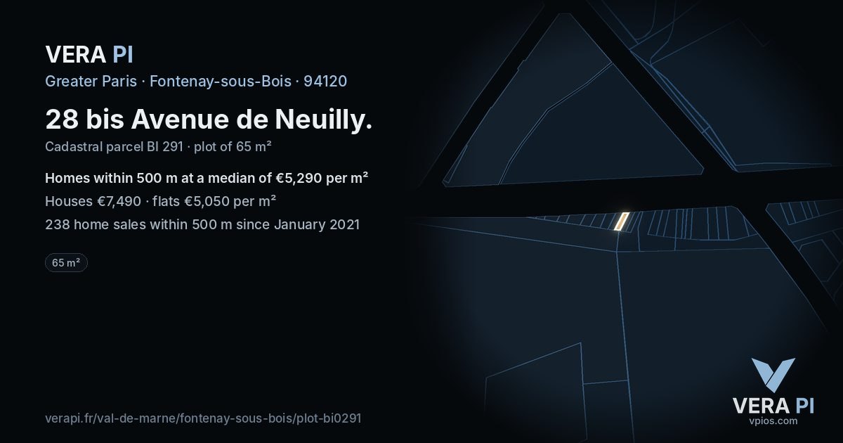 28 bis Avenue de Neuilly, Fontenay-sous-Bois at night – the plot lit, the parcels around coloured by the prices near them