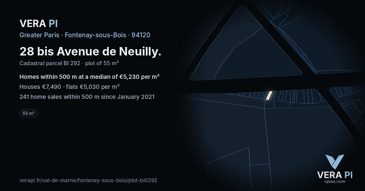 28 bis Avenue de Neuilly, Fontenay-sous-Bois at night – the plot lit, the parcels around coloured by the prices near them