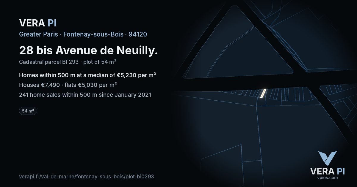28 bis Avenue de Neuilly, Fontenay-sous-Bois at night – the plot lit, the parcels around coloured by the prices near them