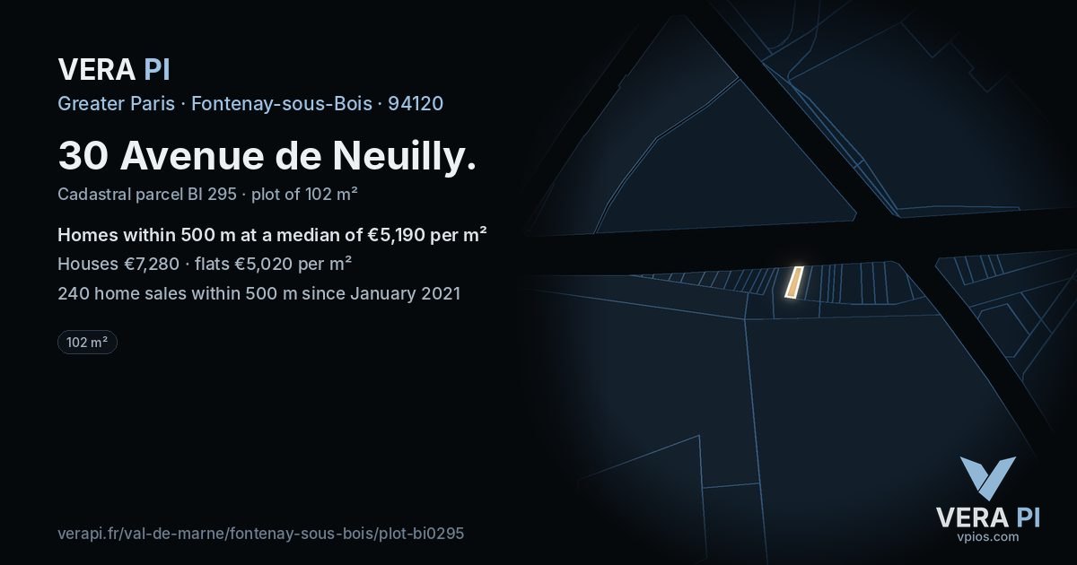 30 Avenue de Neuilly, Fontenay-sous-Bois at night – the plot lit, the parcels around coloured by the prices near them