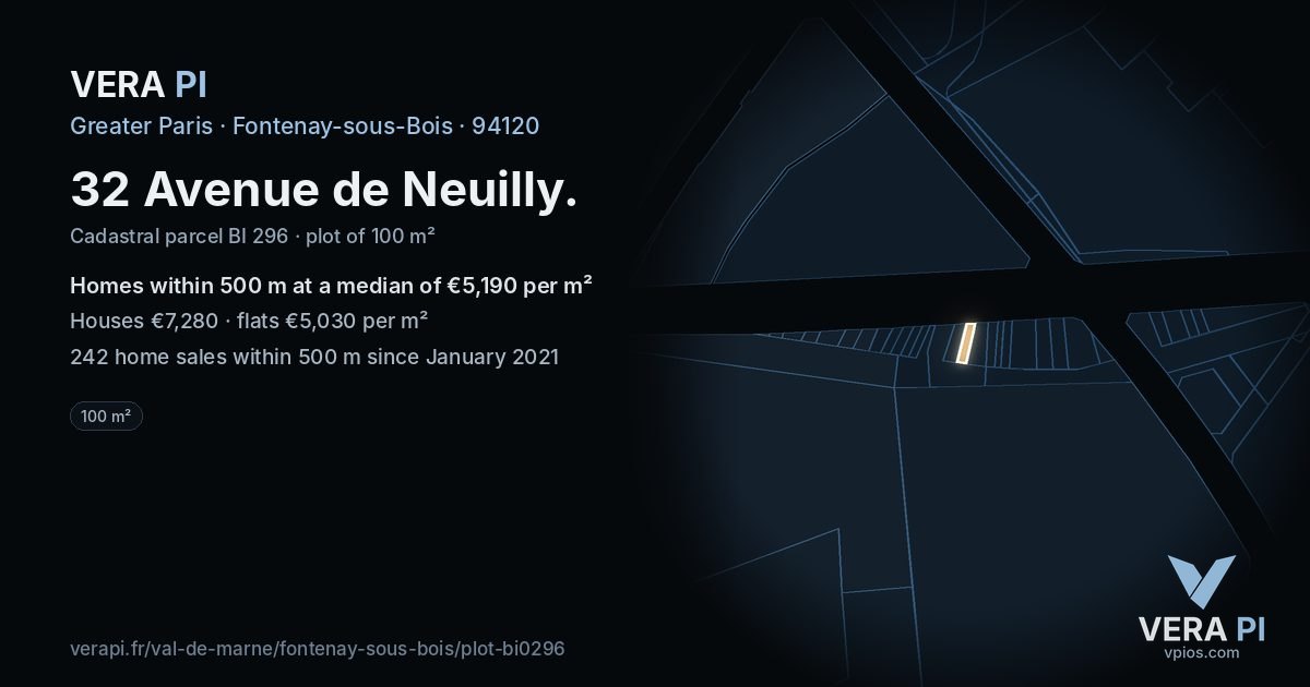 32 Avenue de Neuilly, Fontenay-sous-Bois at night – the plot lit, the parcels around coloured by the prices near them
