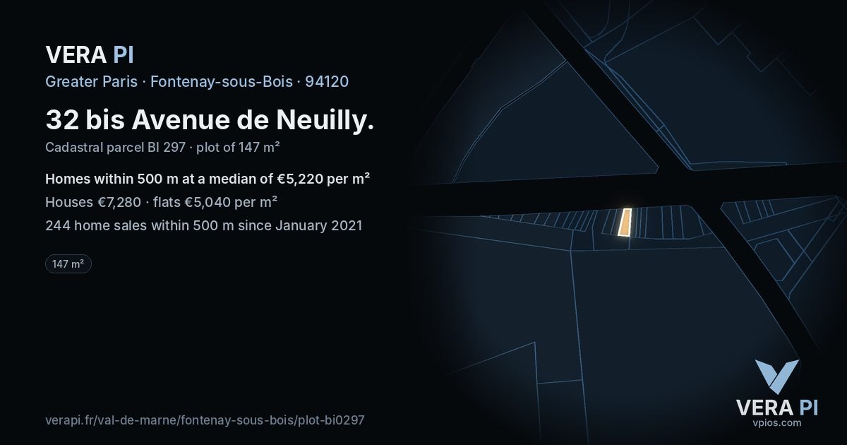 32 bis Avenue de Neuilly, Fontenay-sous-Bois at night – the plot lit, the parcels around coloured by the prices near them