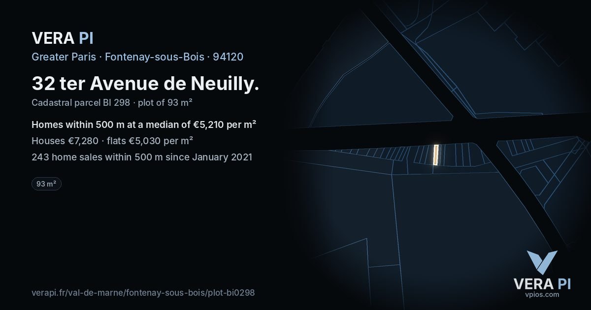 32 ter Avenue de Neuilly, Fontenay-sous-Bois at night – the plot lit, the parcels around coloured by the prices near them