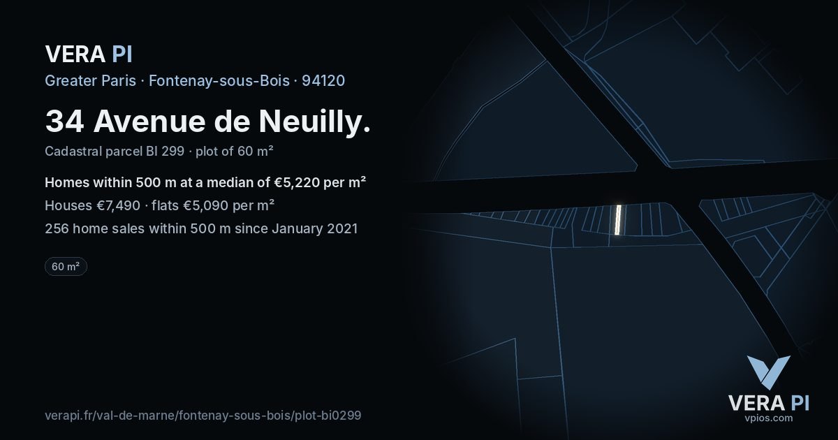 34 Avenue de Neuilly, Fontenay-sous-Bois at night – the plot lit, the parcels around coloured by the prices near them