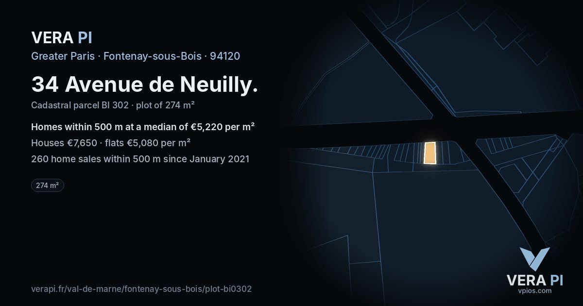 34 Avenue de Neuilly, Fontenay-sous-Bois at night – the plot lit, the parcels around coloured by the prices near them