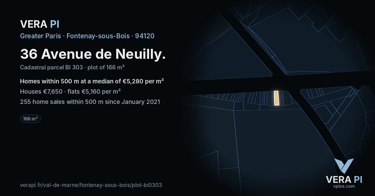 36 Avenue de Neuilly, Fontenay-sous-Bois at night – the plot lit, the parcels around coloured by the prices near them