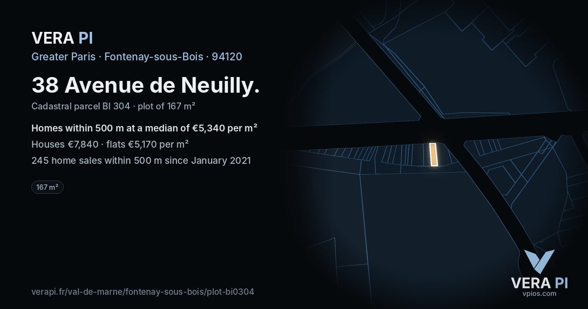 38 Avenue de Neuilly, Fontenay-sous-Bois at night – the plot lit, the parcels around coloured by the prices near them