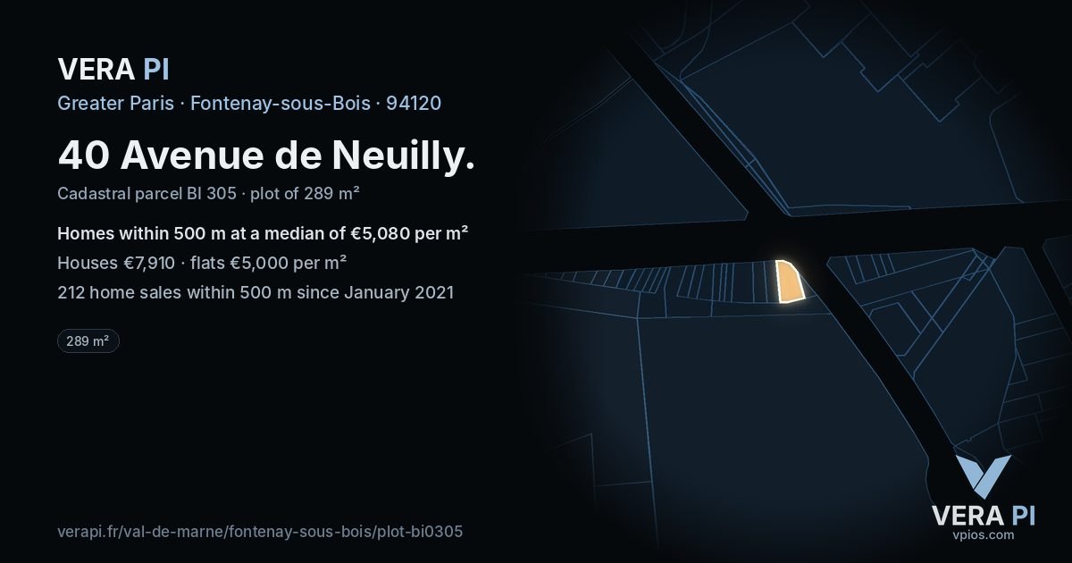 40 Avenue de Neuilly, Fontenay-sous-Bois at night – the plot lit, the parcels around coloured by the prices near them