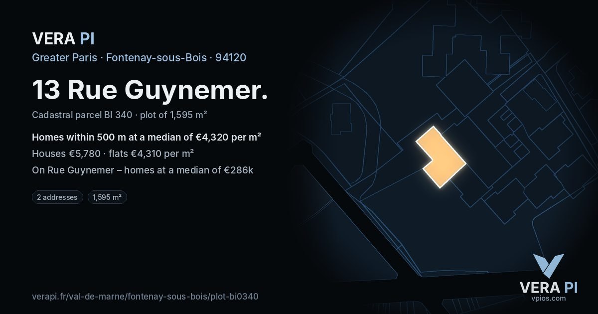 13 Rue Guynemer, Fontenay-sous-Bois at night – the plot lit, the parcels around coloured by the prices near them