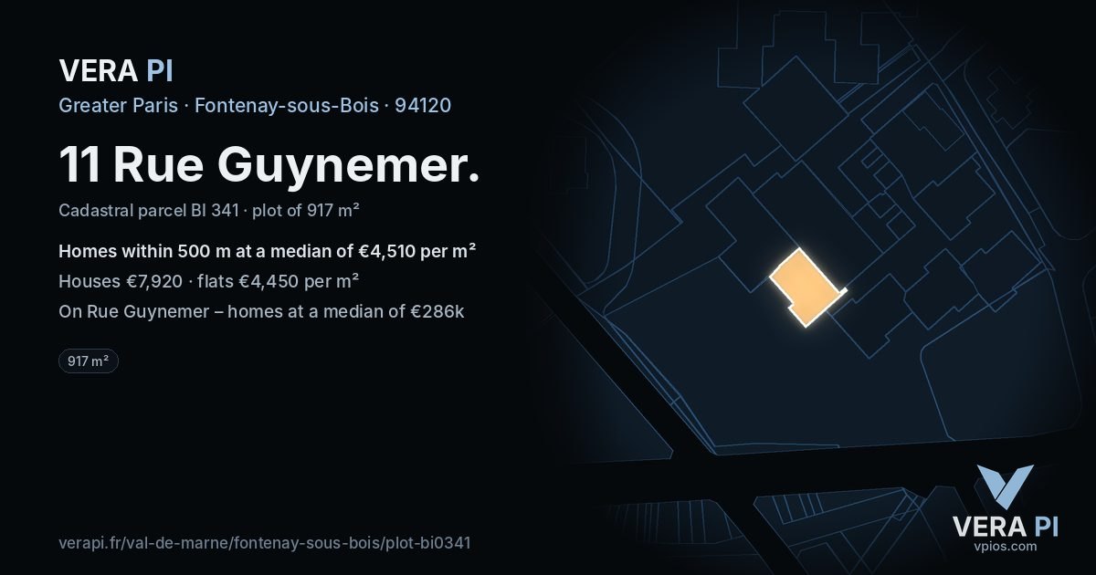 11 Rue Guynemer, Fontenay-sous-Bois at night – the plot lit, the parcels around coloured by the prices near them