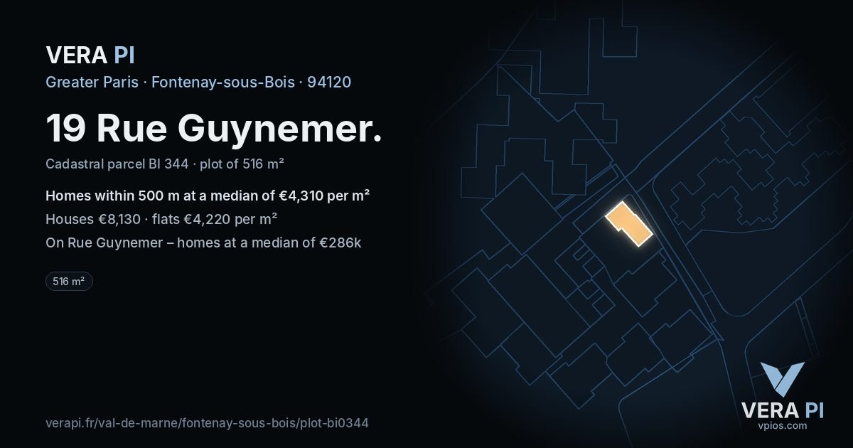 19 Rue Guynemer, Fontenay-sous-Bois at night – the plot lit, the parcels around coloured by the prices near them