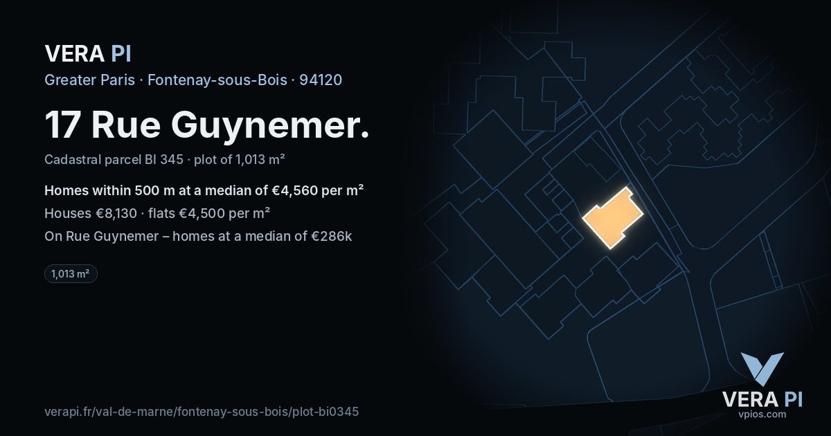 17 Rue Guynemer, Fontenay-sous-Bois at night – the plot lit, the parcels around coloured by the prices near them