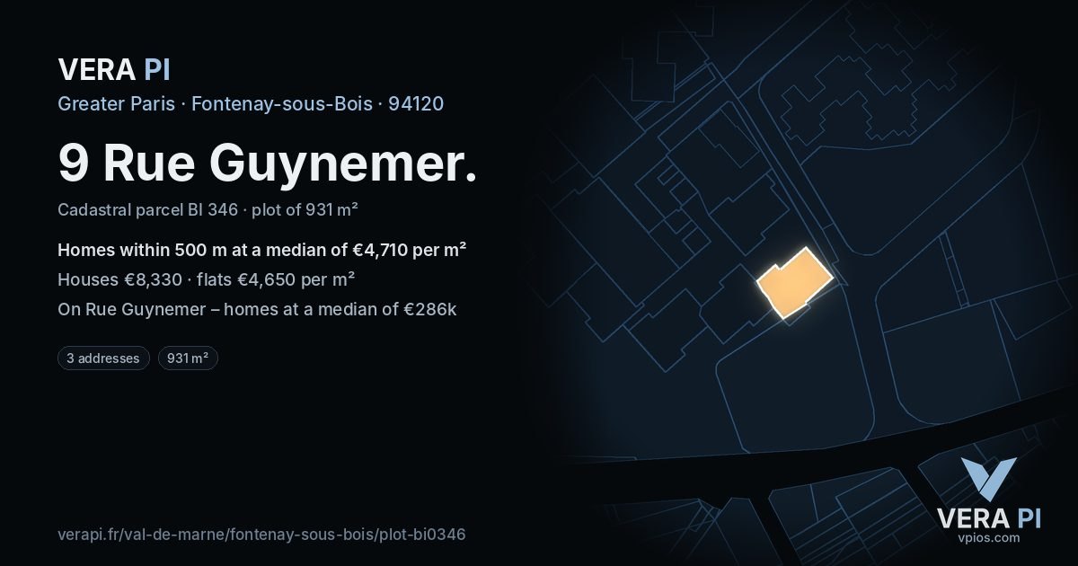 9 Rue Guynemer, Fontenay-sous-Bois at night – the plot lit, the parcels around coloured by the prices near them