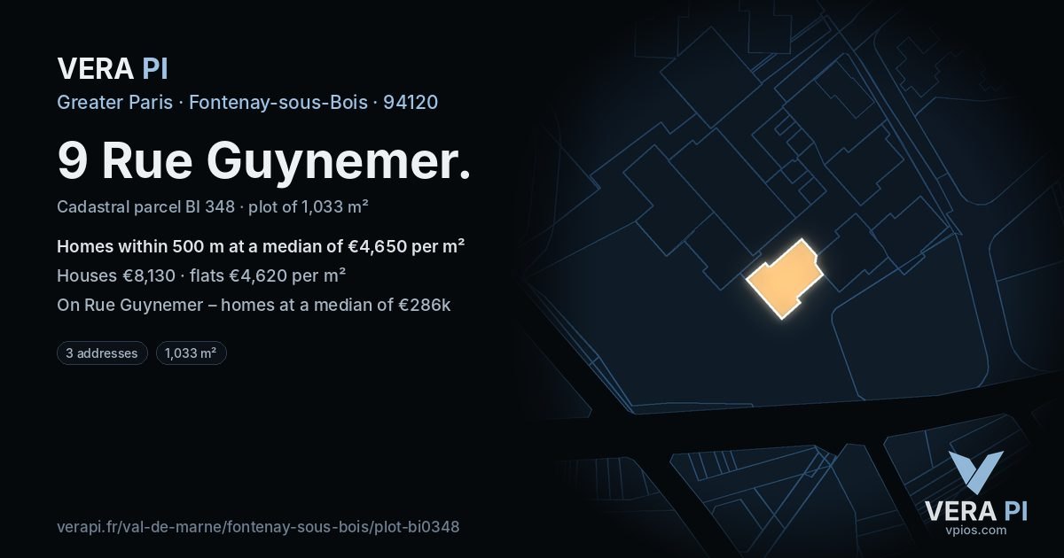 9 Rue Guynemer, Fontenay-sous-Bois at night – the plot lit, the parcels around coloured by the prices near them