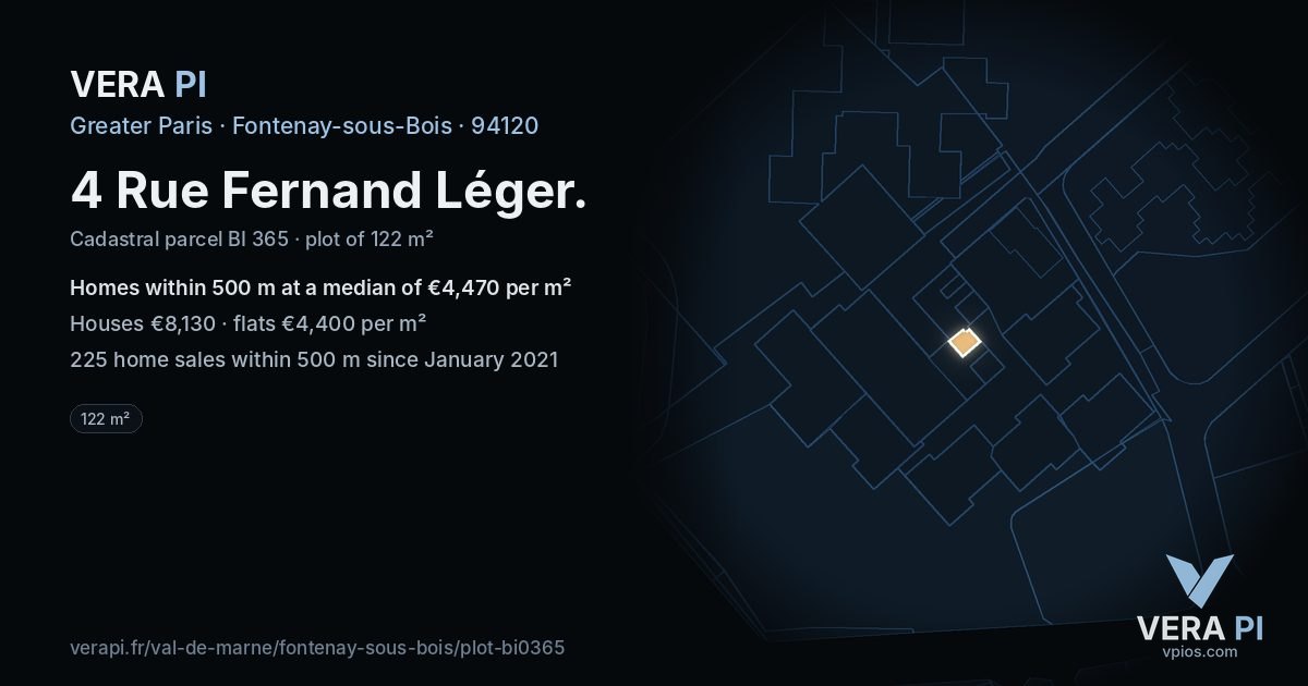4 Rue Fernand Léger, Fontenay-sous-Bois at night – the plot lit, the parcels around coloured by the prices near them