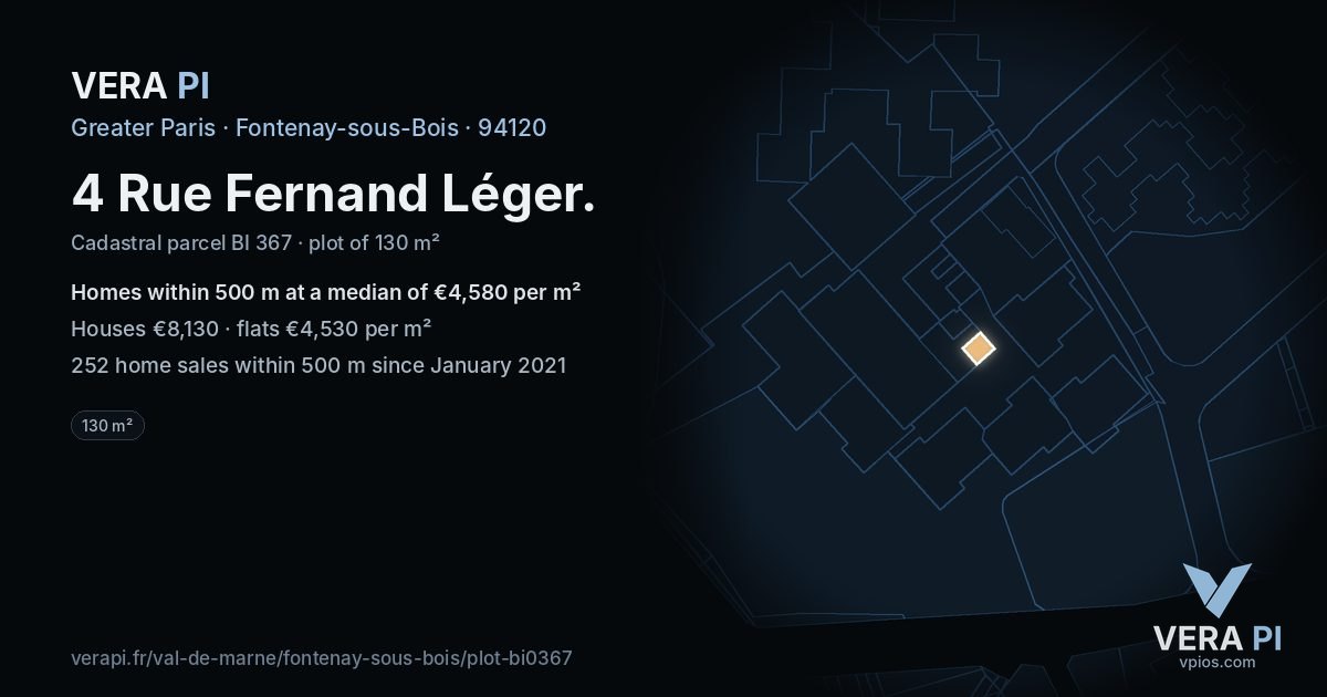 4 Rue Fernand Léger, Fontenay-sous-Bois at night – the plot lit, the parcels around coloured by the prices near them