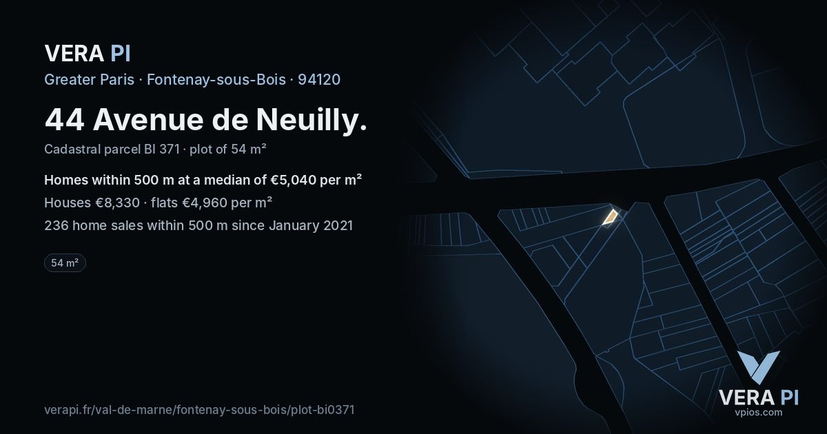 44 Avenue de Neuilly, Fontenay-sous-Bois at night – the plot lit, the parcels around coloured by the prices near them