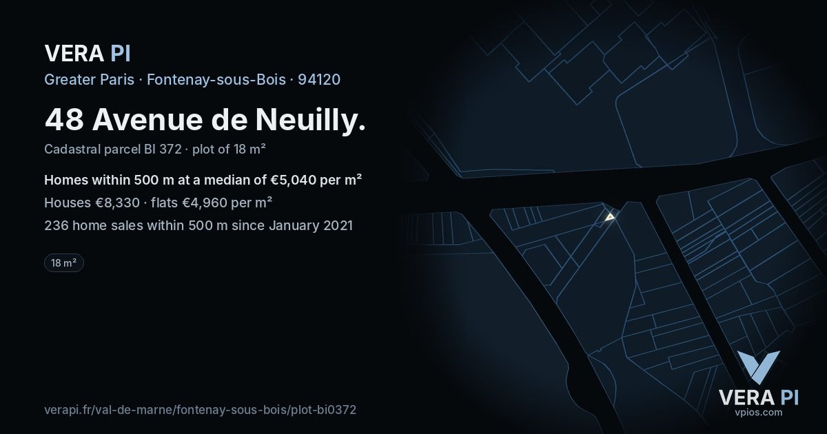 48 Avenue de Neuilly, Fontenay-sous-Bois at night – the plot lit, the parcels around coloured by the prices near them