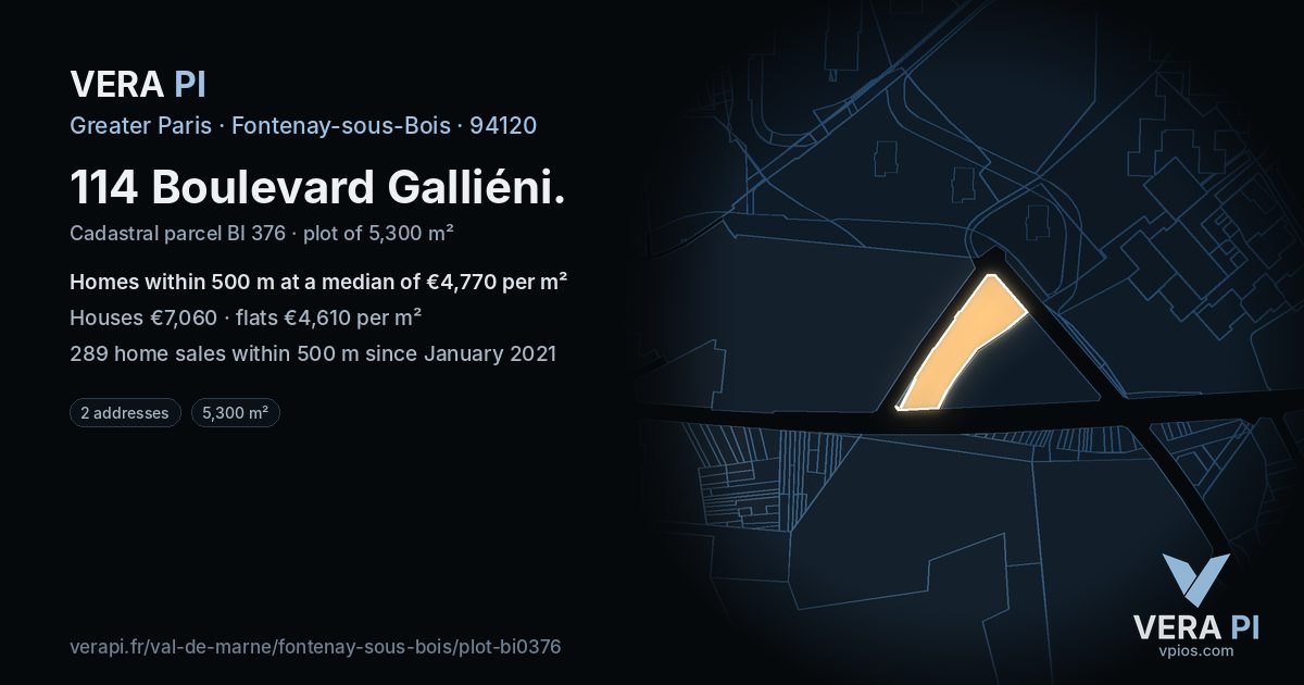 114 Boulevard Galliéni, Fontenay-sous-Bois at night – the plot lit, the parcels around coloured by the prices near them