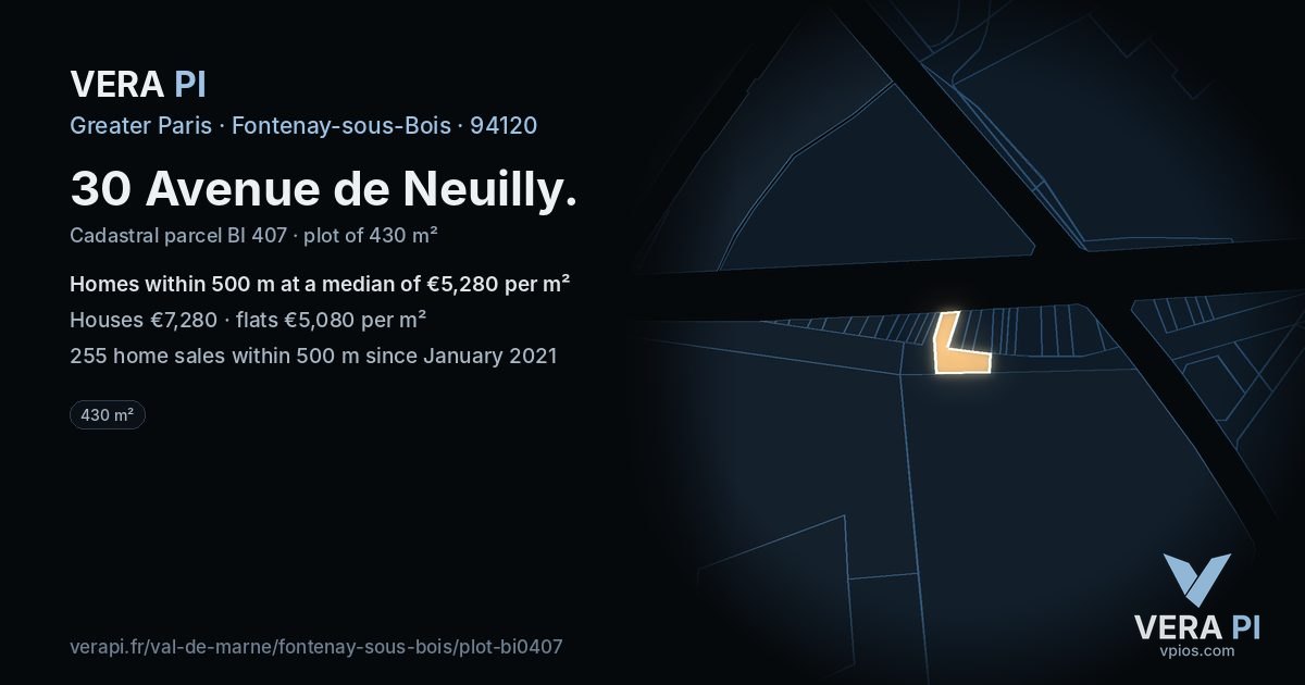 30 Avenue de Neuilly, Fontenay-sous-Bois at night – the plot lit, the parcels around coloured by the prices near them