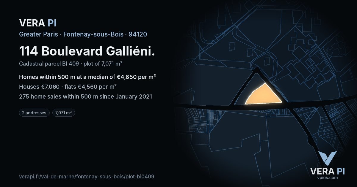 114 Boulevard Galliéni, Fontenay-sous-Bois at night – the plot lit, the parcels around coloured by the prices near them