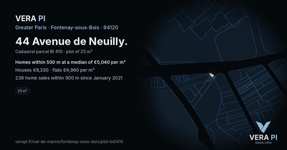 44 Avenue de Neuilly, Fontenay-sous-Bois at night – the plot lit, the parcels around coloured by the prices near them