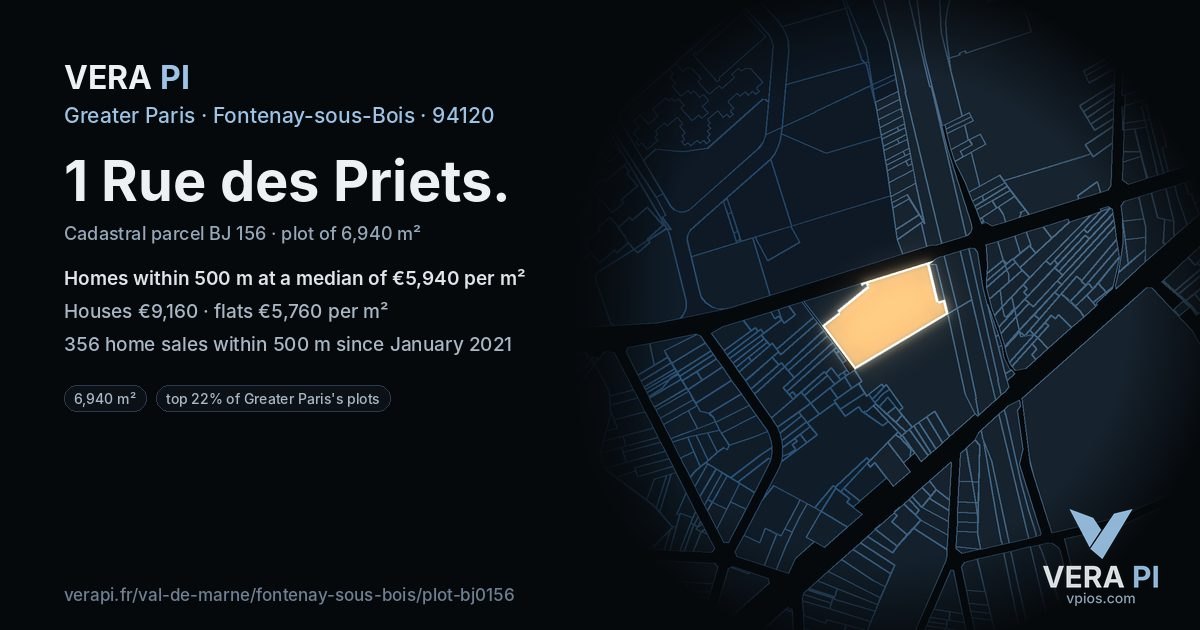 1 Rue des Priets, Fontenay-sous-Bois at night – the plot lit, the parcels around coloured by the prices near them