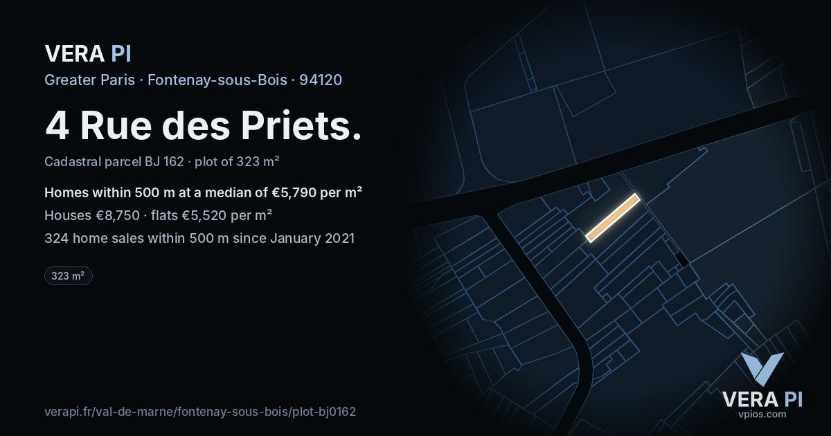 4 Rue des Priets, Fontenay-sous-Bois at night – the plot lit, the parcels around coloured by the prices near them