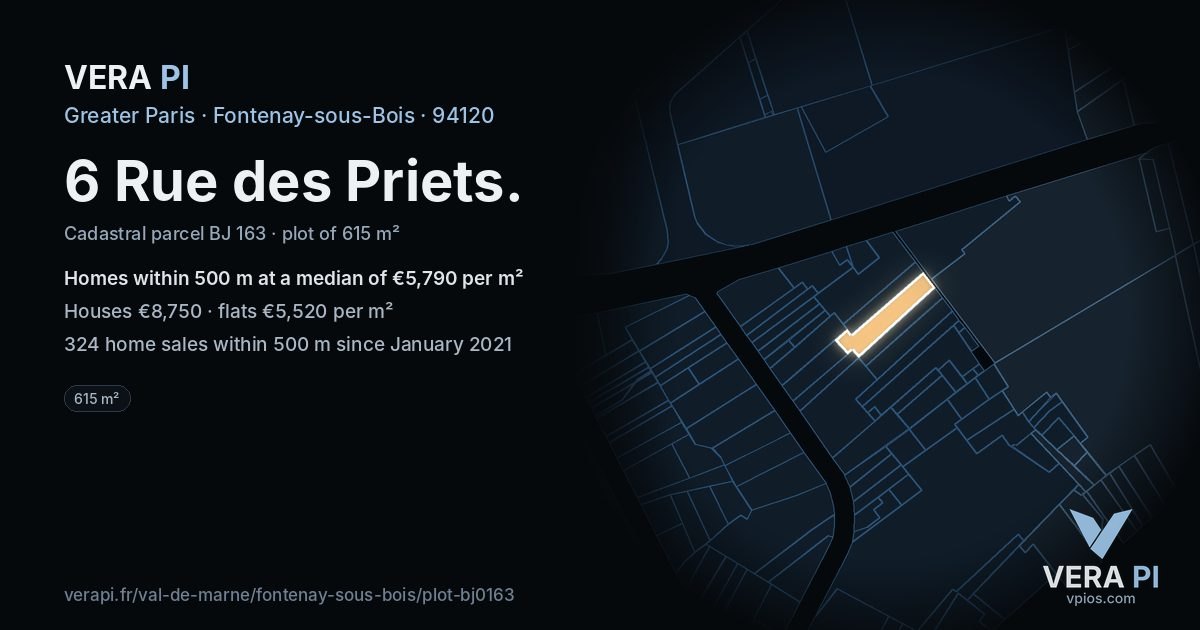 6 Rue des Priets, Fontenay-sous-Bois at night – the plot lit, the parcels around coloured by the prices near them