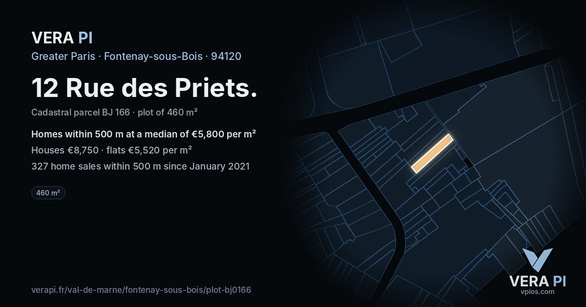 12 Rue des Priets, Fontenay-sous-Bois at night – the plot lit, the parcels around coloured by the prices near them