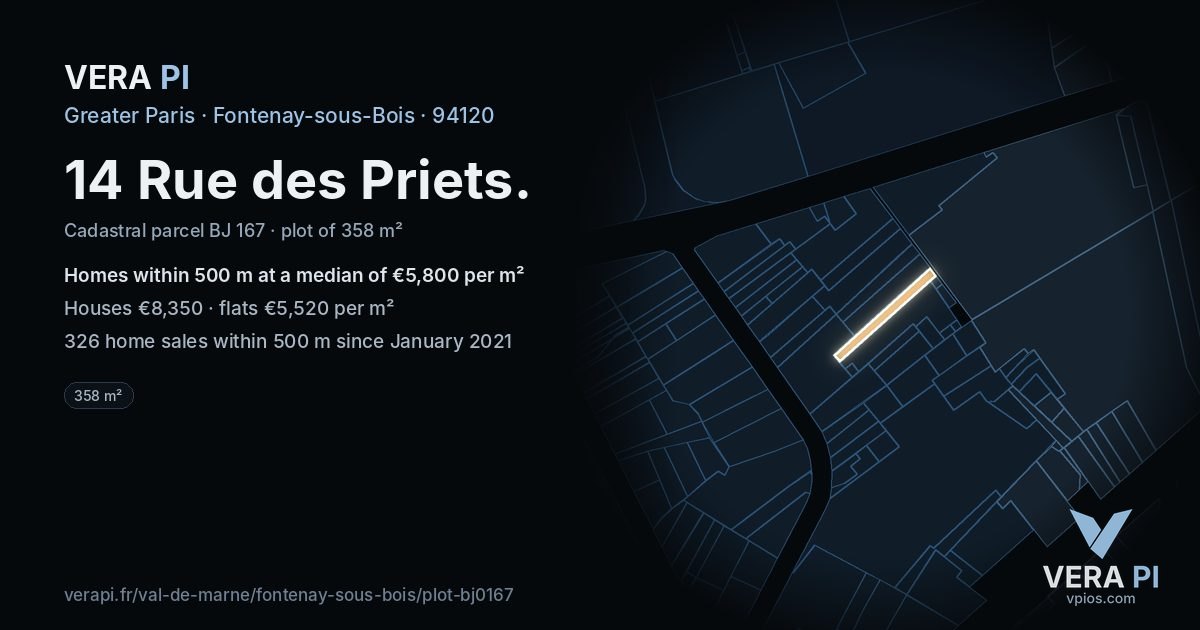 14 Rue des Priets, Fontenay-sous-Bois at night – the plot lit, the parcels around coloured by the prices near them