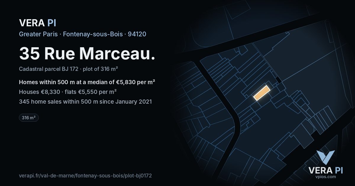 35 Rue Marceau, Fontenay-sous-Bois at night – the plot lit, the parcels around coloured by the prices near them