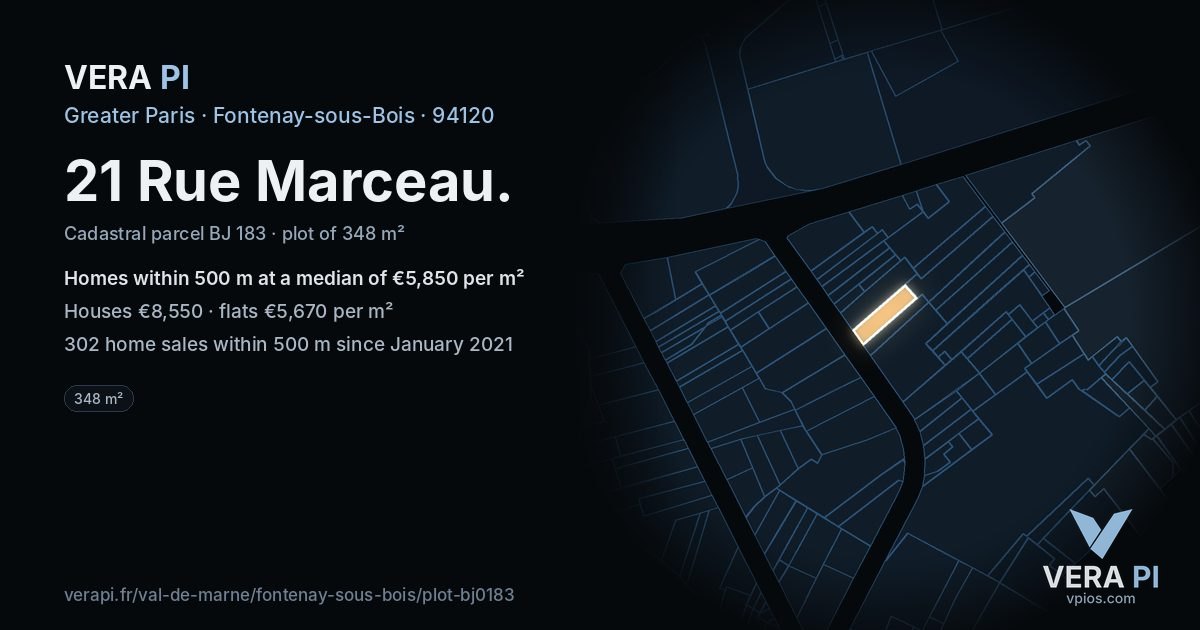 21 Rue Marceau, Fontenay-sous-Bois at night – the plot lit, the parcels around coloured by the prices near them