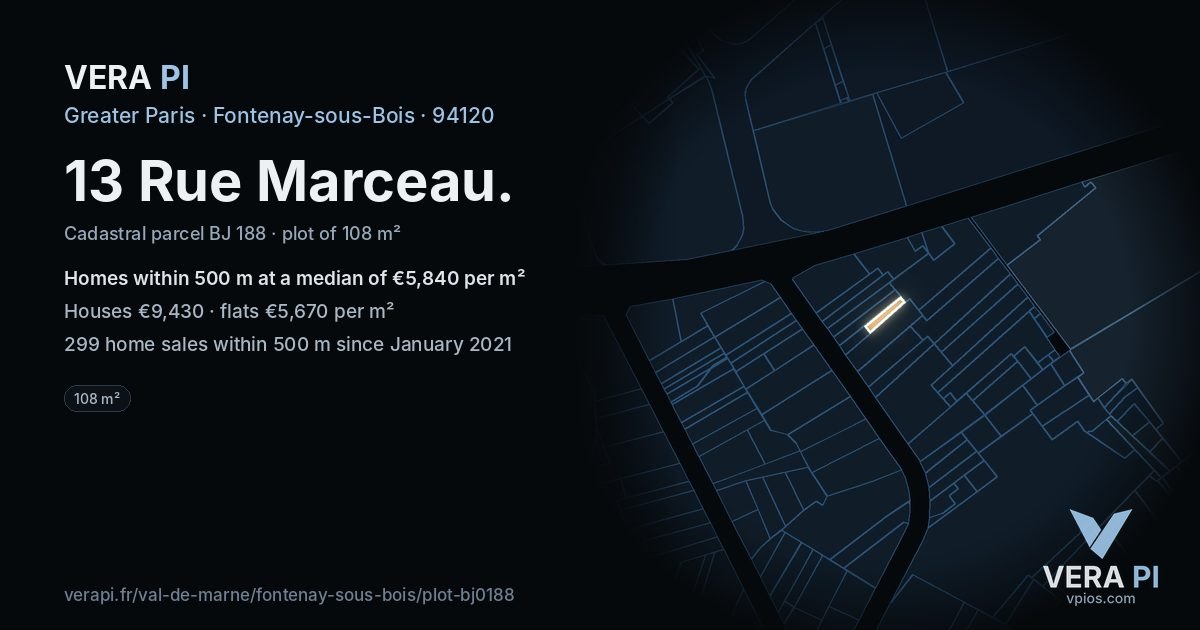 13 Rue Marceau, Fontenay-sous-Bois at night – the plot lit, the parcels around coloured by the prices near them