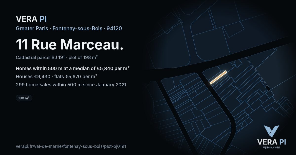 11 Rue Marceau, Fontenay-sous-Bois at night – the plot lit, the parcels around coloured by the prices near them