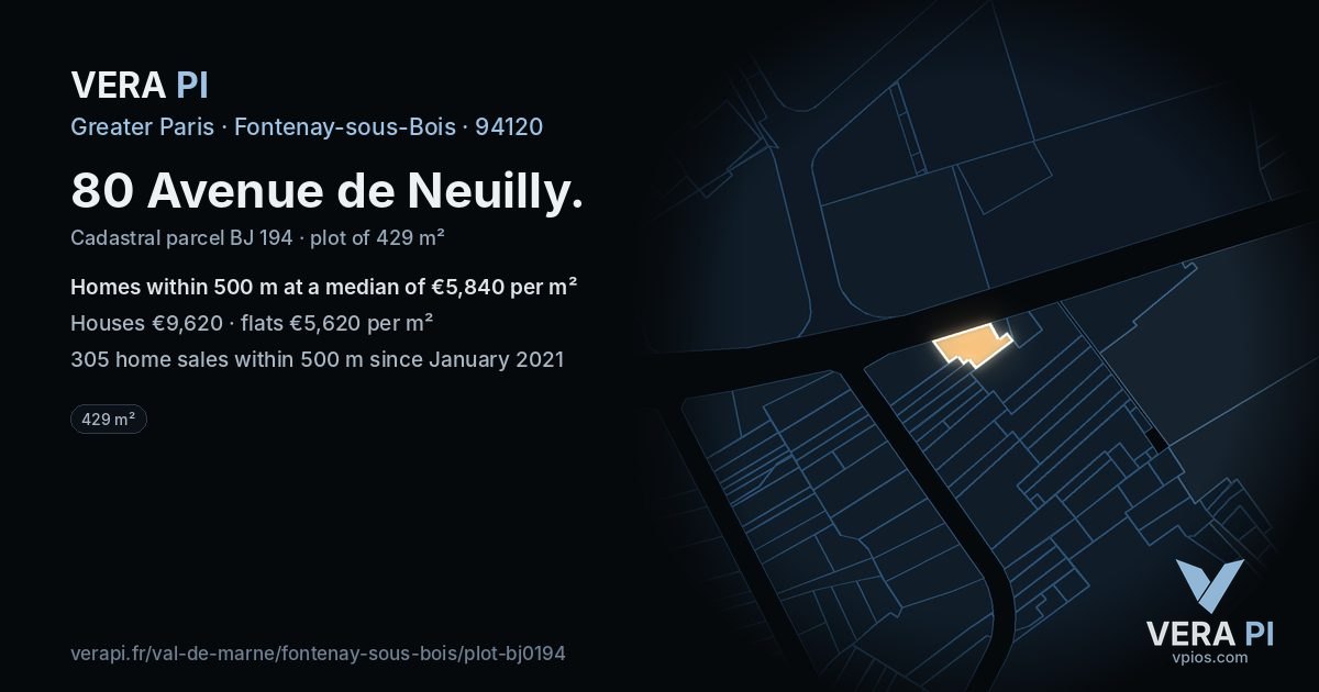 80 Avenue de Neuilly, Fontenay-sous-Bois at night – the plot lit, the parcels around coloured by the prices near them