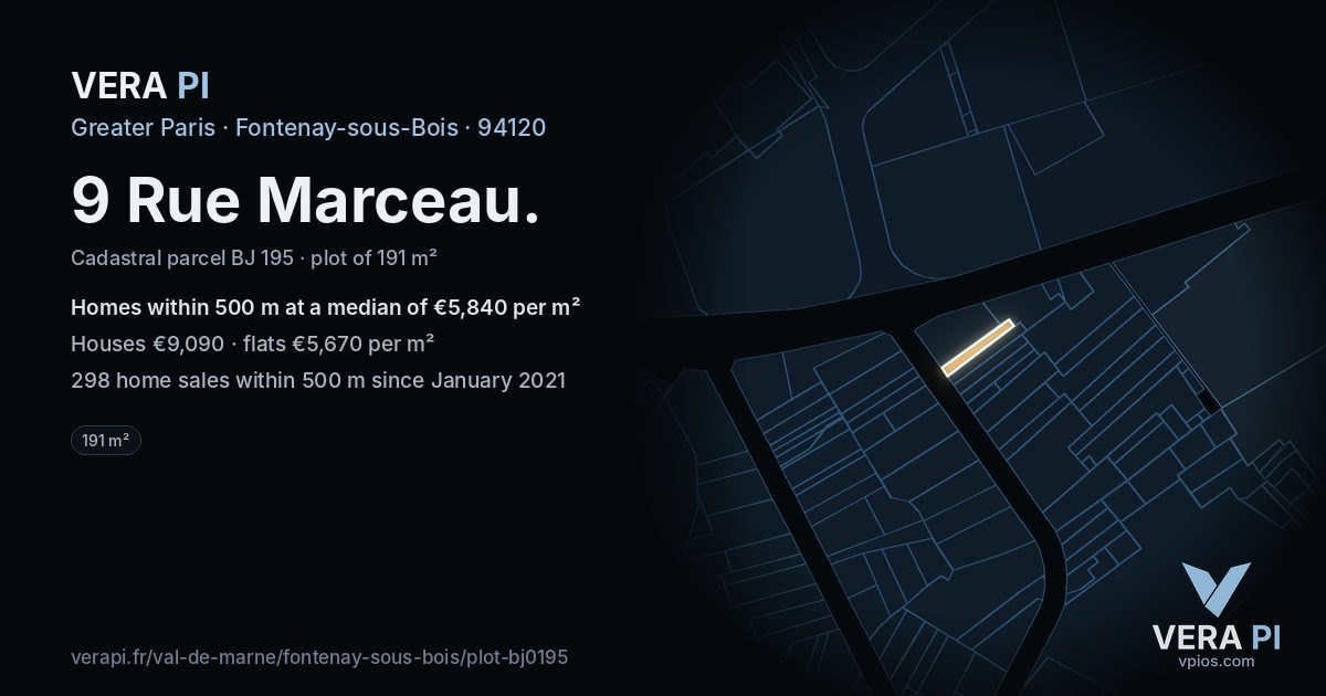 9 Rue Marceau, Fontenay-sous-Bois at night – the plot lit, the parcels around coloured by the prices near them